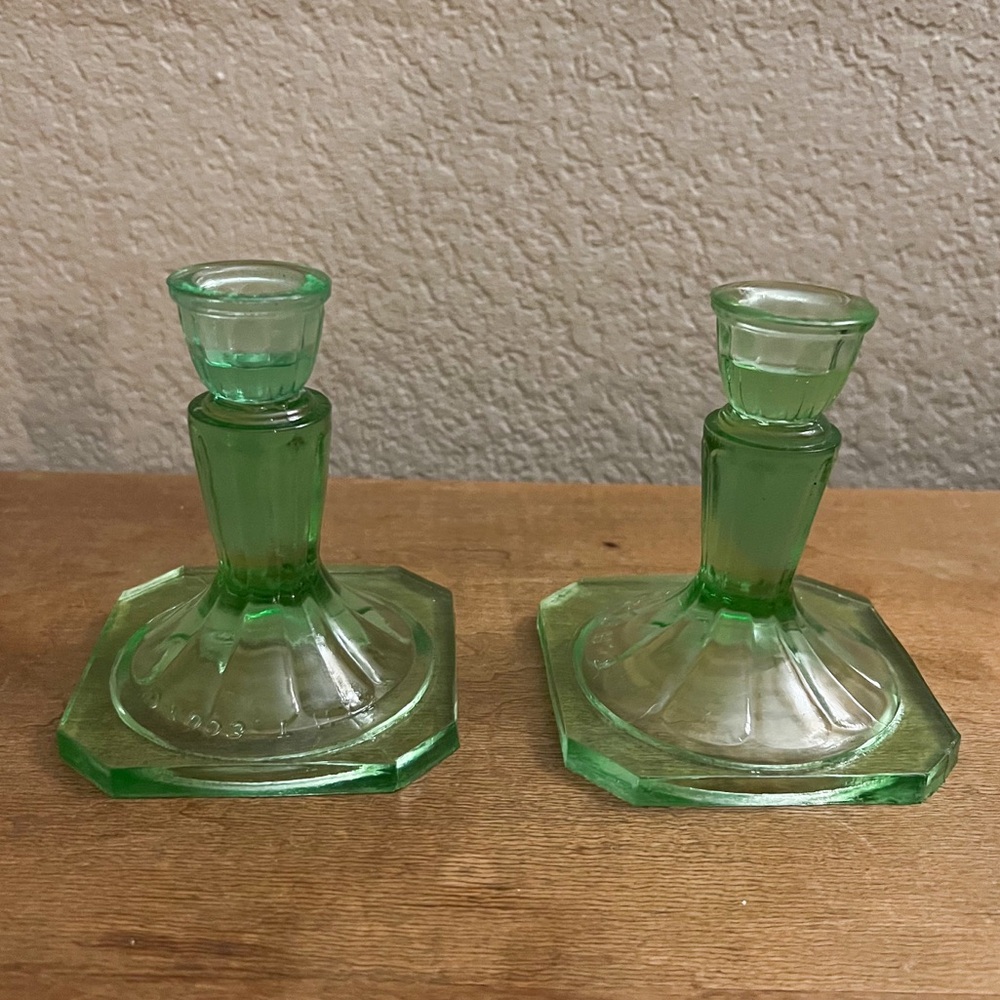 Vintage 2003 THT Green Glass Candlesticks Taper Candle Holders
